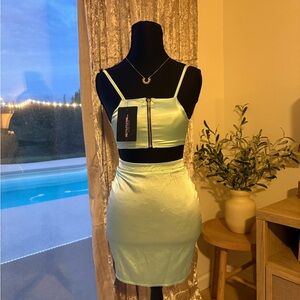 PrettyLittleThing Light Green Satin Two-Piece Crop Top & Skirt Set